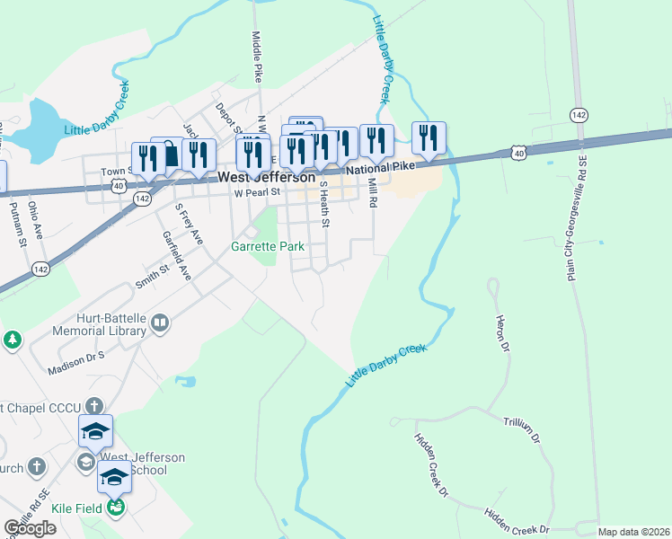 map of restaurants, bars, coffee shops, grocery stores, and more near 132 South Heath Lane in West Jefferson