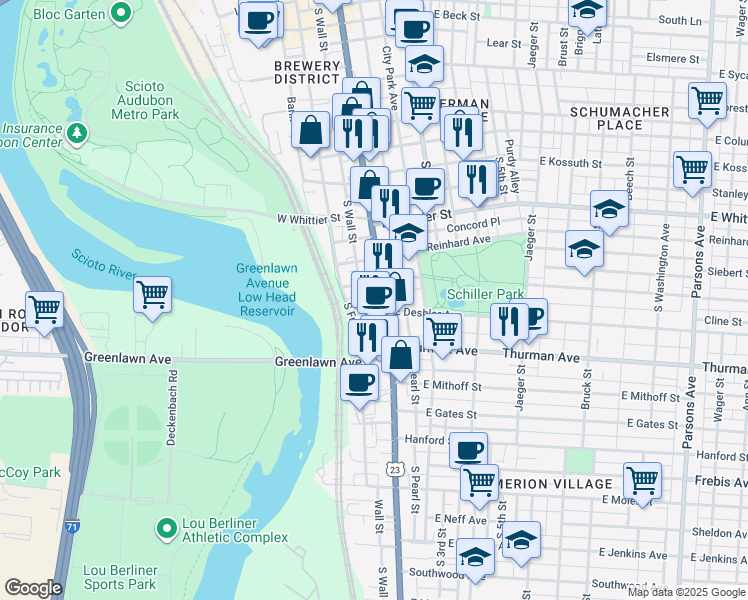 map of restaurants, bars, coffee shops, grocery stores, and more near 1007 South High Street in Columbus