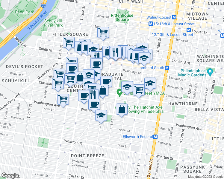 map of restaurants, bars, coffee shops, grocery stores, and more near 769 South 19th Street in Philadelphia