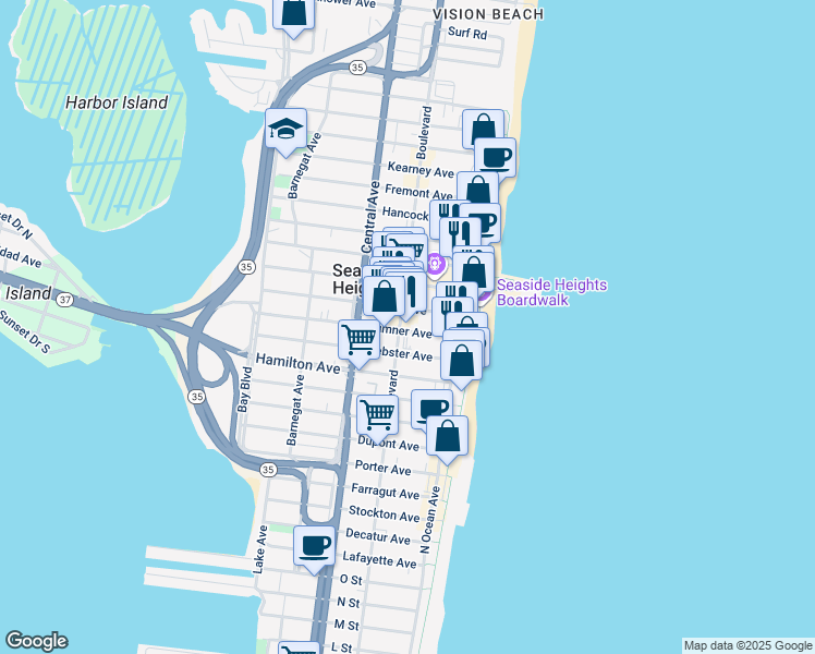 map of restaurants, bars, coffee shops, grocery stores, and more near 604 Ocean Boulevard in Seaside Heights