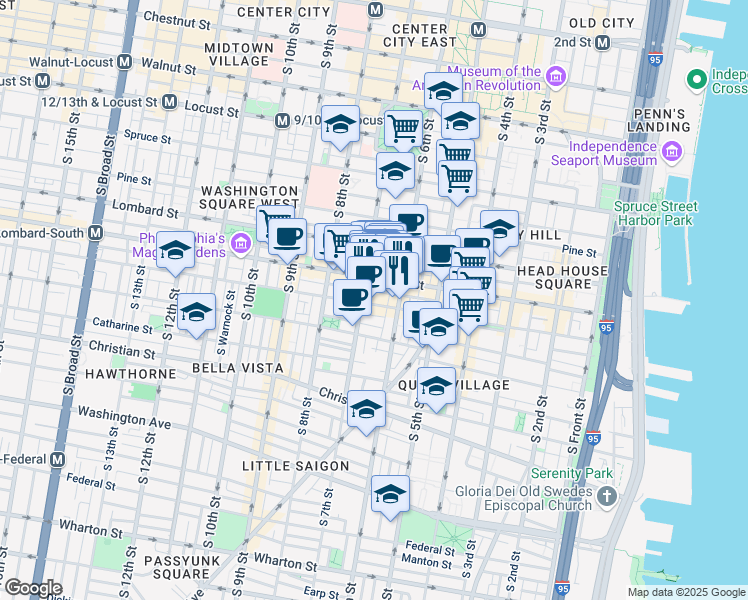 map of restaurants, bars, coffee shops, grocery stores, and more near 631 Bainbridge Street in Philadelphia