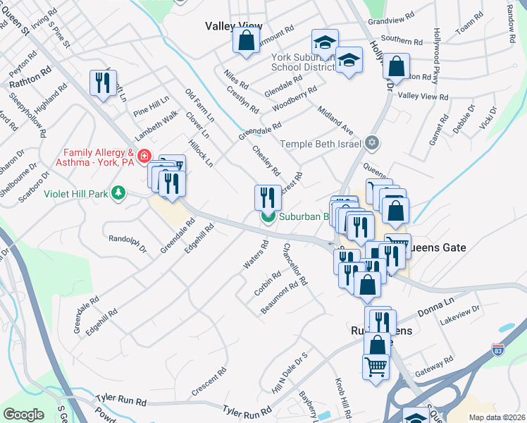 map of restaurants, bars, coffee shops, grocery stores, and more near 525 Hillcrest Road in York