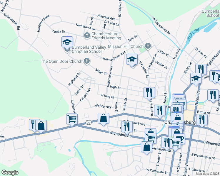 map of restaurants, bars, coffee shops, grocery stores, and more near 554 High Street in Chambersburg