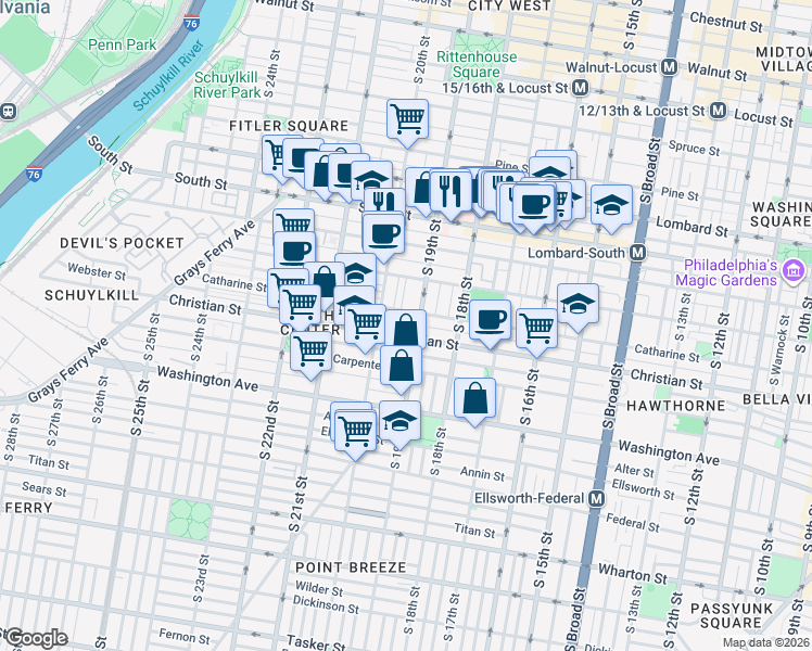 map of restaurants, bars, coffee shops, grocery stores, and more near in Philadelphia