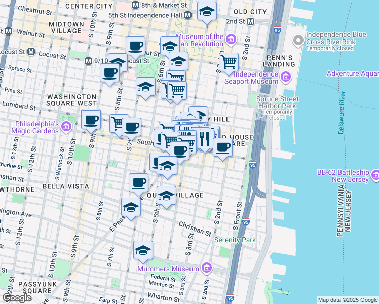 map of restaurants, bars, coffee shops, grocery stores, and more near in Philadelphia