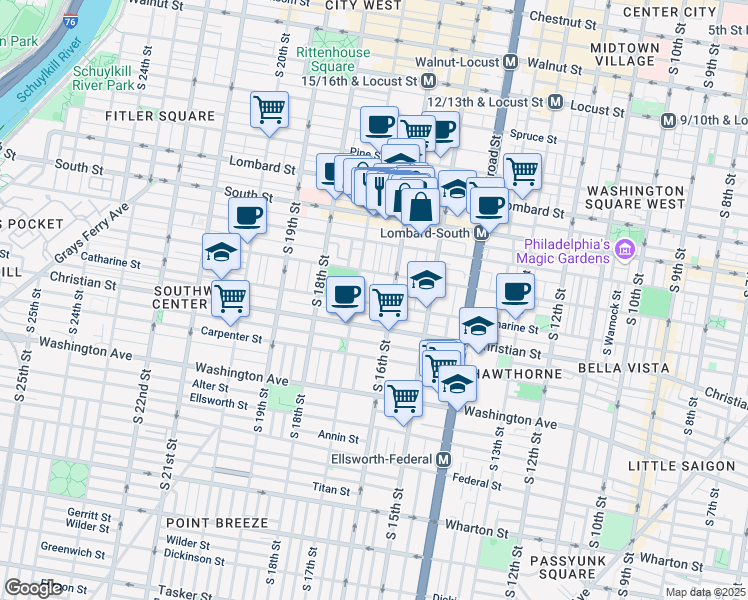 map of restaurants, bars, coffee shops, grocery stores, and more near 1625 Catharine Street in Philadelphia
