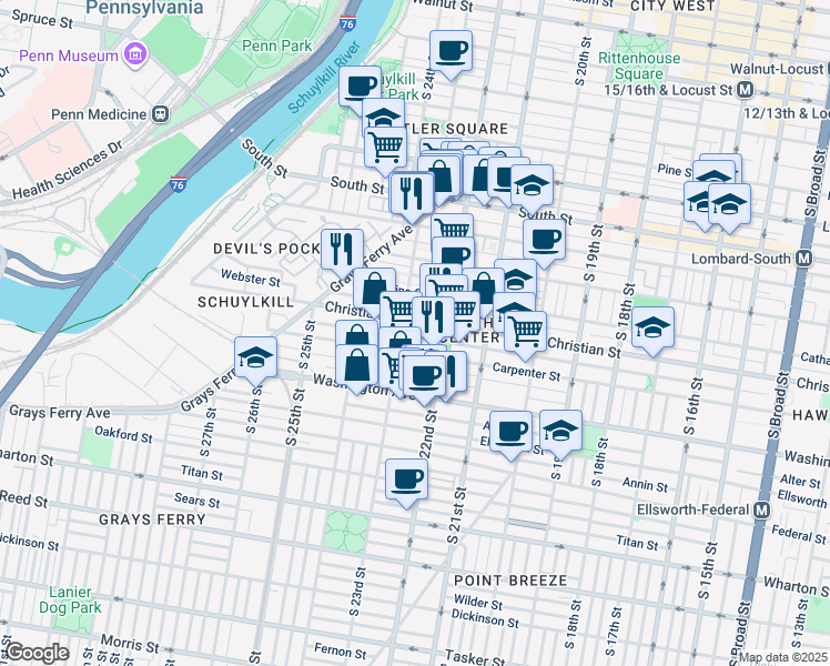 map of restaurants, bars, coffee shops, grocery stores, and more near 2239 Montrose Street in Philadelphia