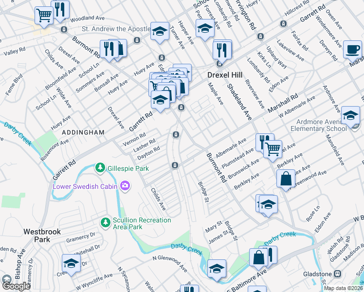 map of restaurants, bars, coffee shops, grocery stores, and more near 330 Burmont Road in Drexel Hill
