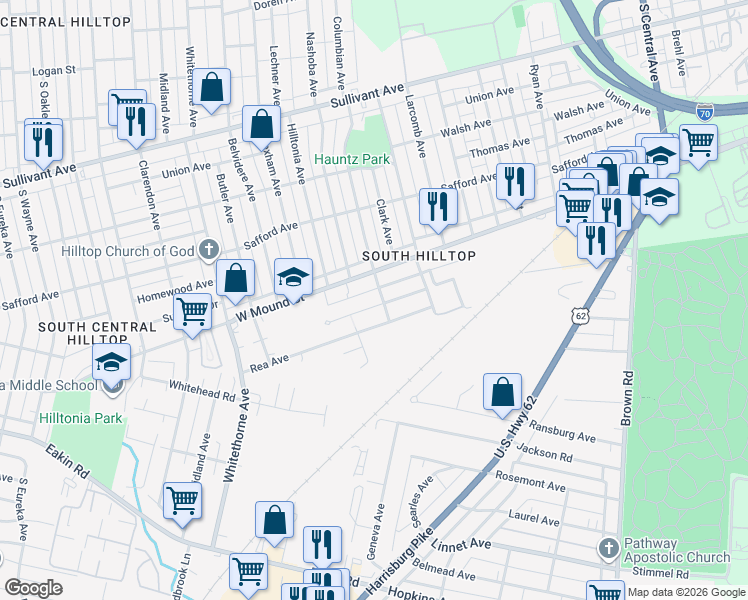 map of restaurants, bars, coffee shops, grocery stores, and more near 1933 West Mound Street in Columbus