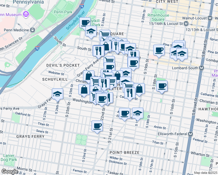 map of restaurants, bars, coffee shops, grocery stores, and more near 2144 Christian Street in Philadelphia