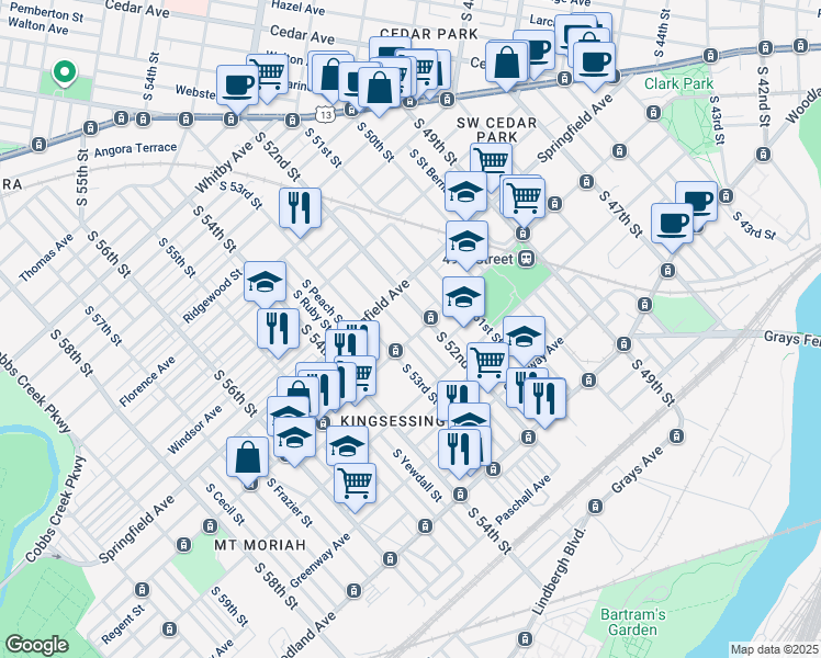 map of restaurants, bars, coffee shops, grocery stores, and more near 5219 Chester Avenue in Philadelphia