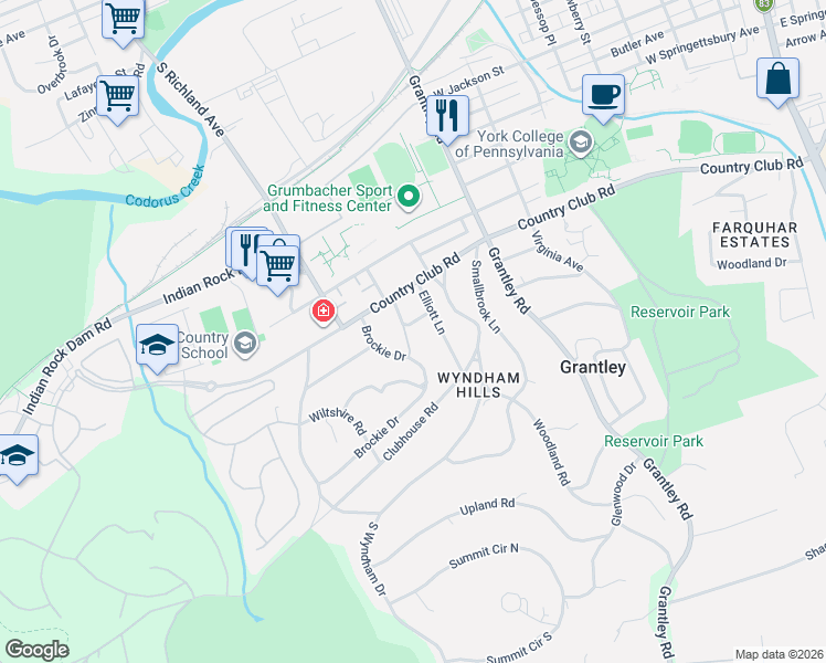 map of restaurants, bars, coffee shops, grocery stores, and more near 1011 Wyndham Drive in York