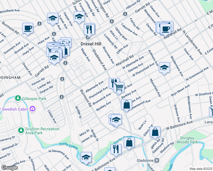 map of restaurants, bars, coffee shops, grocery stores, and more near 3219 Plumstead Avenue in Drexel Hill