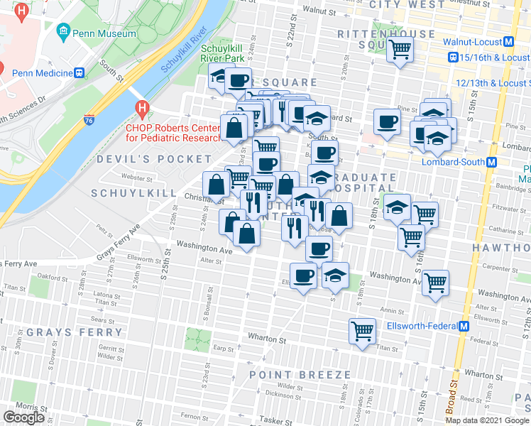 map of restaurants, bars, coffee shops, grocery stores, and more near 2144 Christian Street in Philadelphia