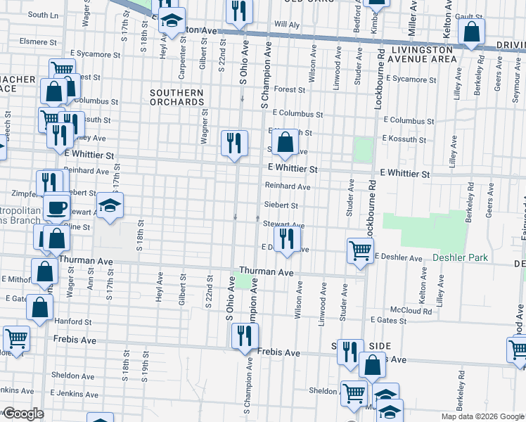 map of restaurants, bars, coffee shops, grocery stores, and more near 1133 South Champion Avenue in Columbus