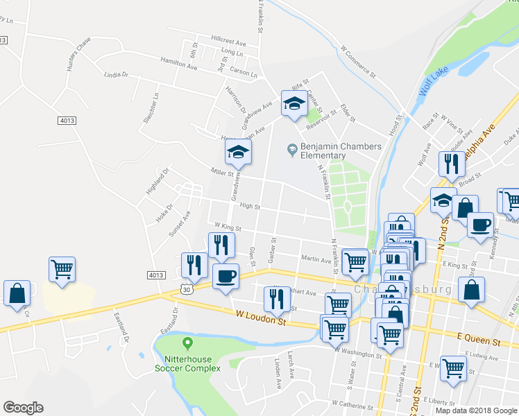 map of restaurants, bars, coffee shops, grocery stores, and more near 198 Glen Street in Chambersburg