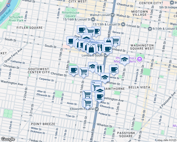 map of restaurants, bars, coffee shops, grocery stores, and more near 1510 Fitzwater Street in Philadelphia