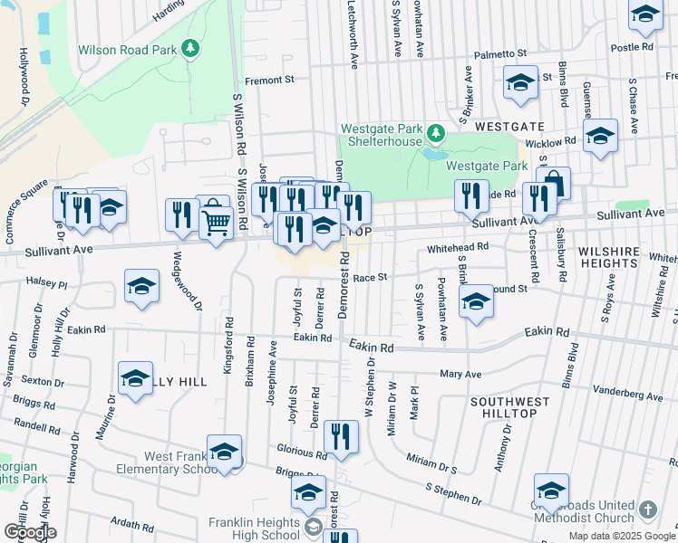 map of restaurants, bars, coffee shops, grocery stores, and more near 582 Demorest Road in Columbus