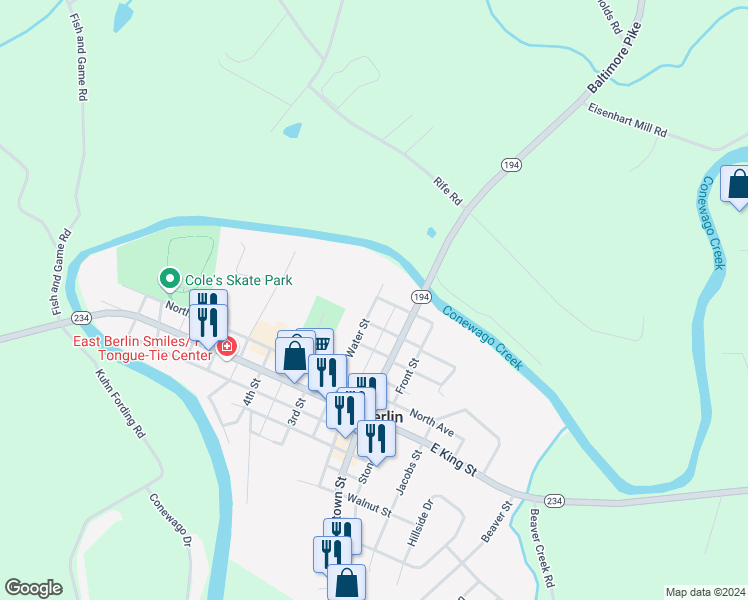 map of restaurants, bars, coffee shops, grocery stores, and more near 128 Water Street in East Berlin