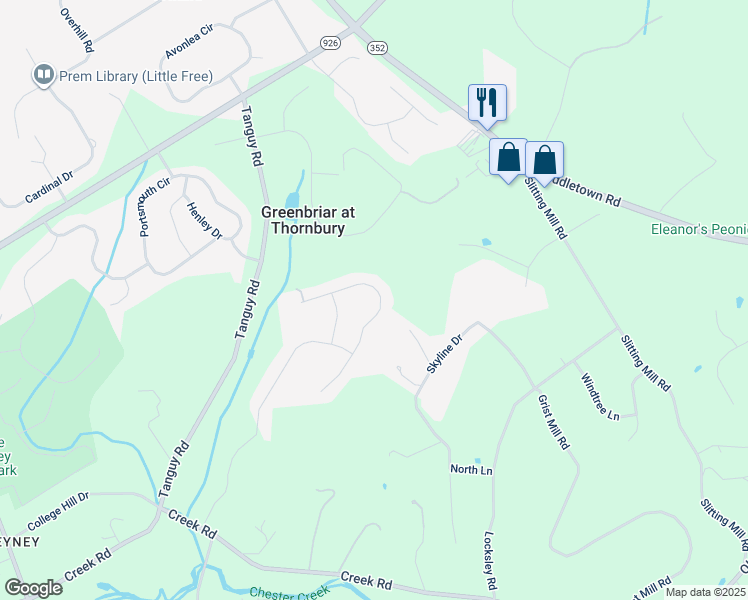 map of restaurants, bars, coffee shops, grocery stores, and more near 39 L'Enfant Court in Glen Mills