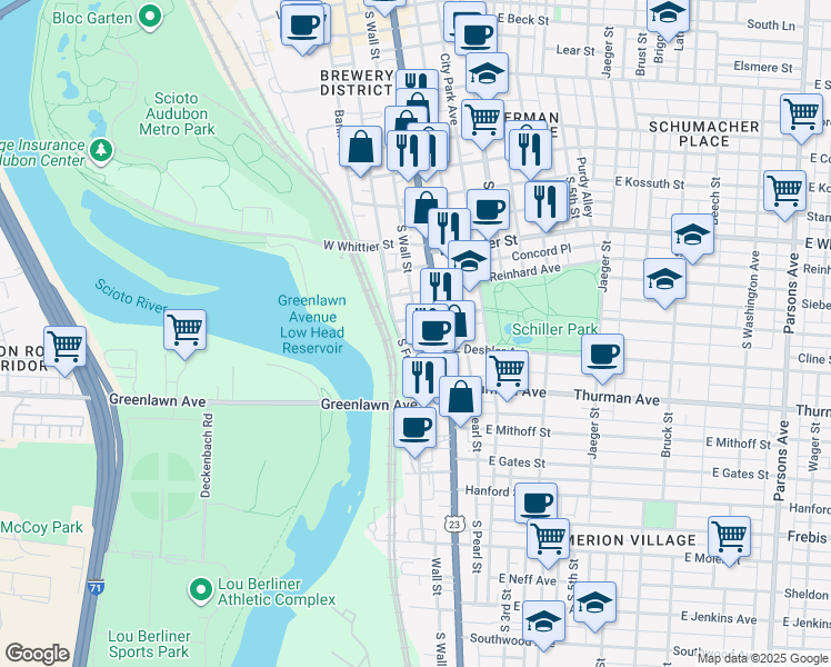 map of restaurants, bars, coffee shops, grocery stores, and more near 1000 South Front Street in Columbus