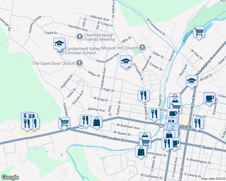 map of restaurants, bars, coffee shops, grocery stores, and more near Glen Street in Chambersburg