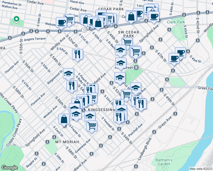 map of restaurants, bars, coffee shops, grocery stores, and more near 5217 Chester Avenue in Philadelphia
