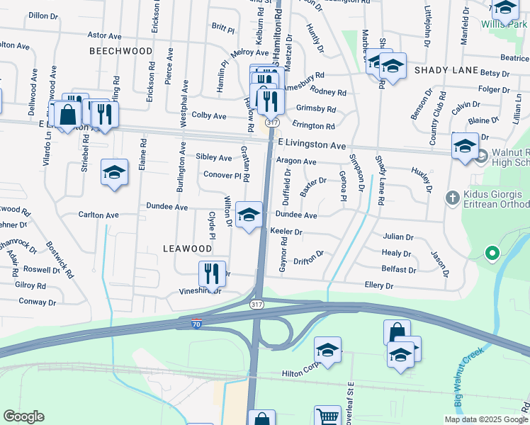 map of restaurants, bars, coffee shops, grocery stores, and more near S Hamilton Rd & Dundee Ave in Columbus