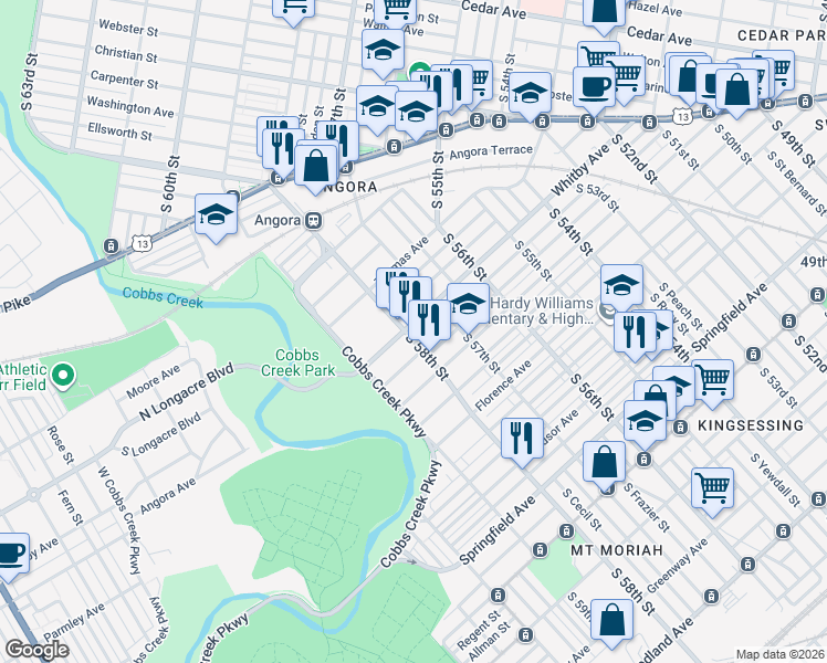 map of restaurants, bars, coffee shops, grocery stores, and more near 5706 Whitby Avenue in Philadelphia