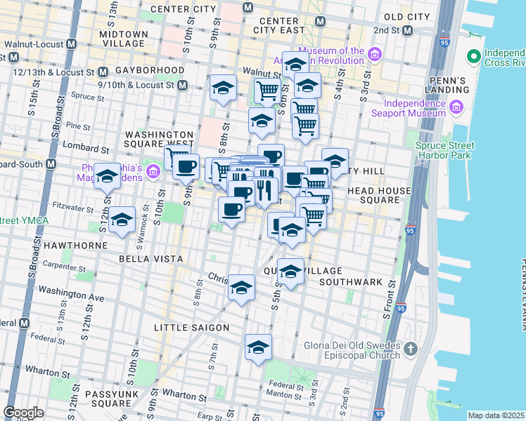 map of restaurants, bars, coffee shops, grocery stores, and more near 617 South Street in Philadelphia