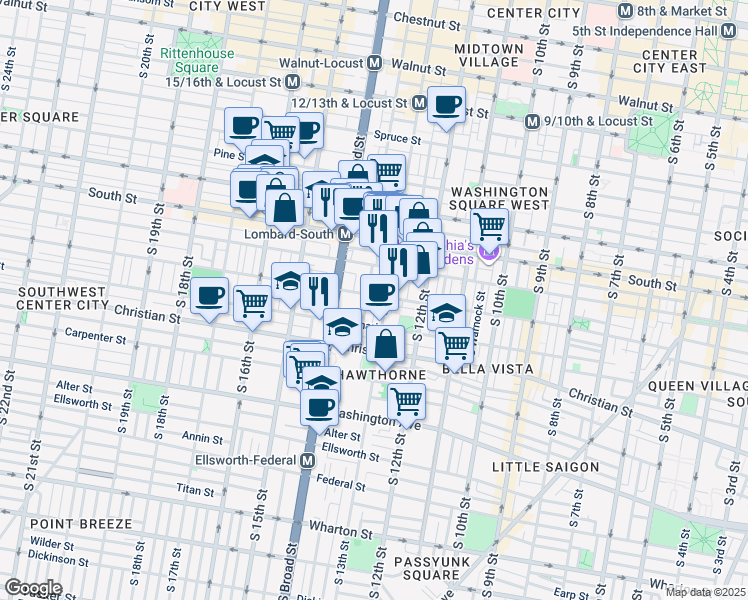map of restaurants, bars, coffee shops, grocery stores, and more near 1312 Fitzwater Street in Philadelphia