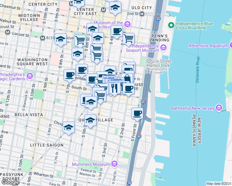 map of restaurants, bars, coffee shops, grocery stores, and more near 251 South Street in Philadelphia