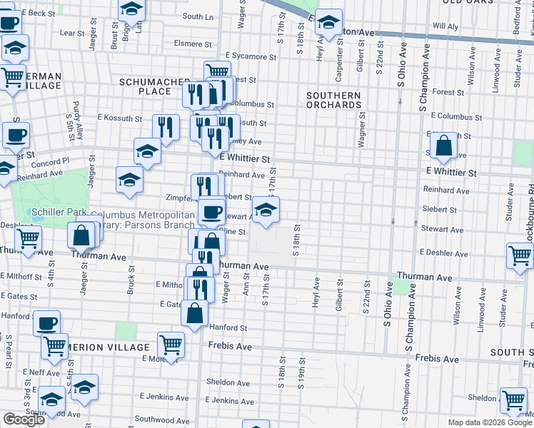 map of restaurants, bars, coffee shops, grocery stores, and more near 611 Siebert Street in Columbus
