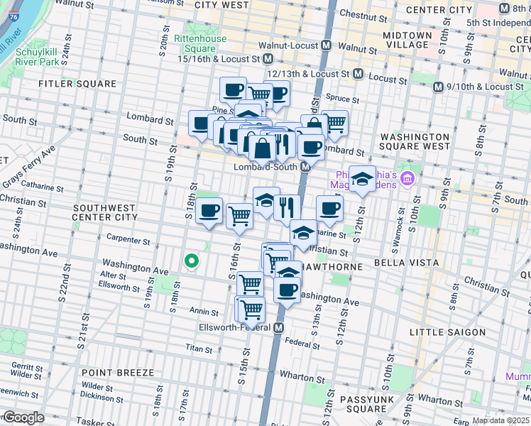 map of restaurants, bars, coffee shops, grocery stores, and more near 1510 Fitzwater Street in Philadelphia