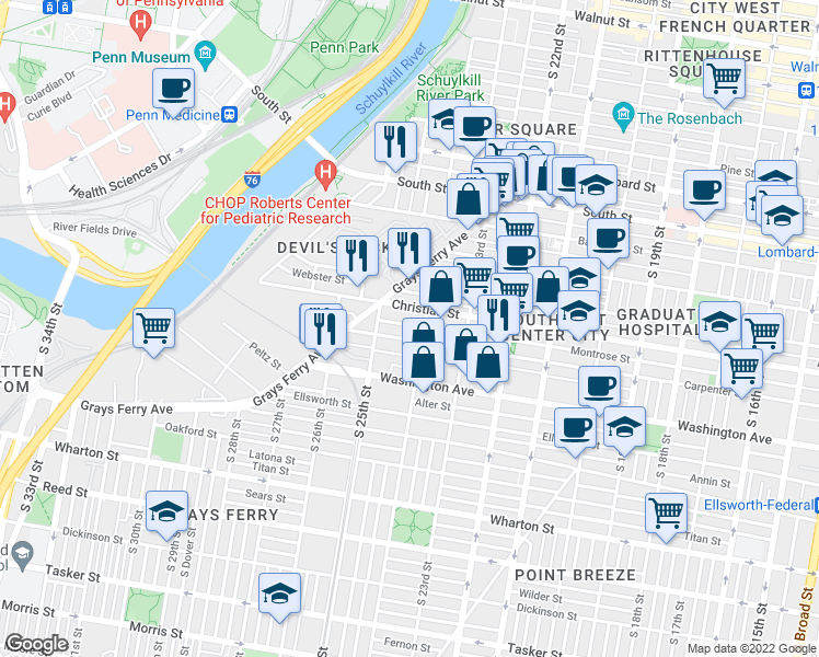 map of restaurants, bars, coffee shops, grocery stores, and more near 2416 Montrose Street in Philadelphia