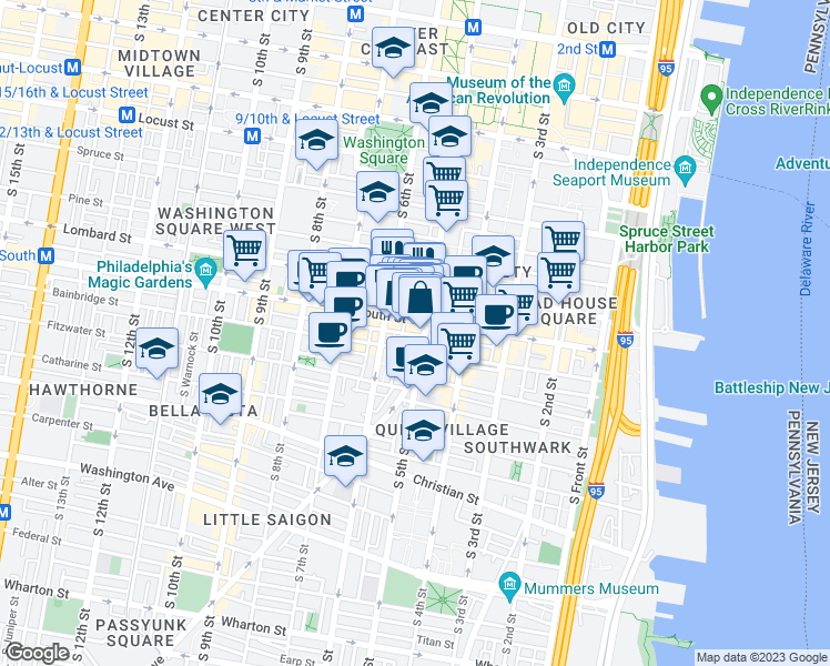 map of restaurants, bars, coffee shops, grocery stores, and more near 505 Kater Street in Philadelphia