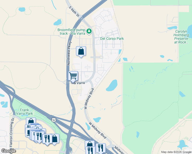 map of restaurants, bars, coffee shops, grocery stores, and more near 13472 Via Varra in Broomfield