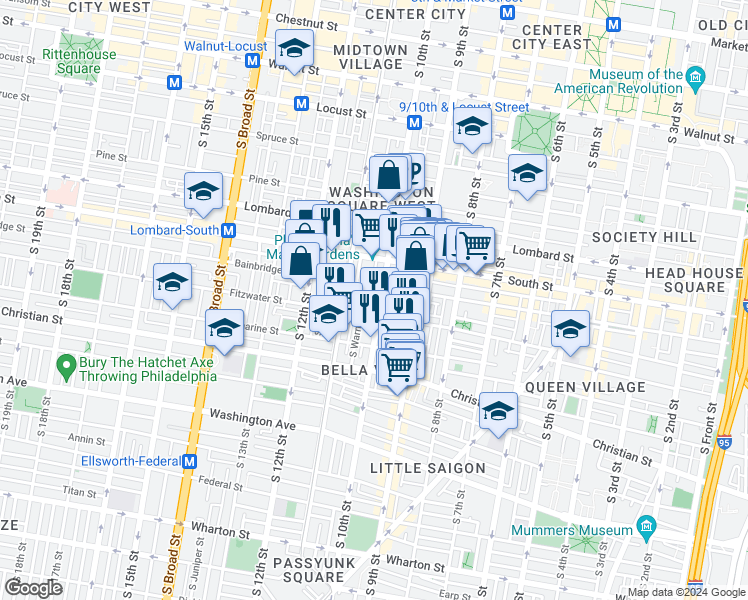 map of restaurants, bars, coffee shops, grocery stores, and more near 714 South 10th Street in Philadelphia