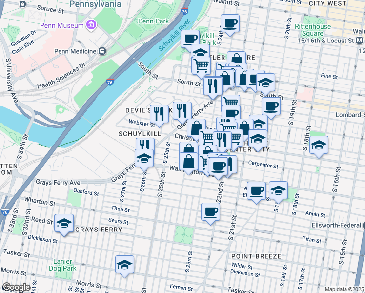 map of restaurants, bars, coffee shops, grocery stores, and more near 2416 Montrose Street in Philadelphia