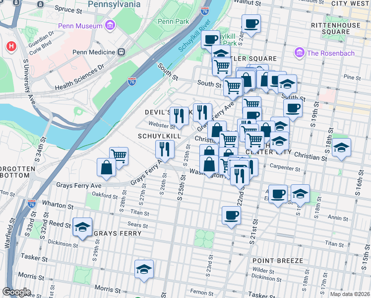 map of restaurants, bars, coffee shops, grocery stores, and more near 908 South 25th Street in Philadelphia