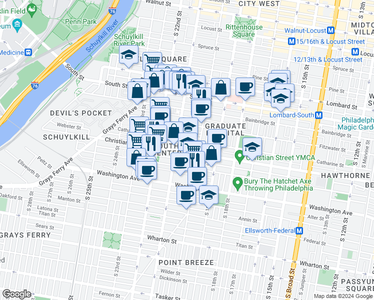 map of restaurants, bars, coffee shops, grocery stores, and more near 2025 Christian Street in Philadelphia
