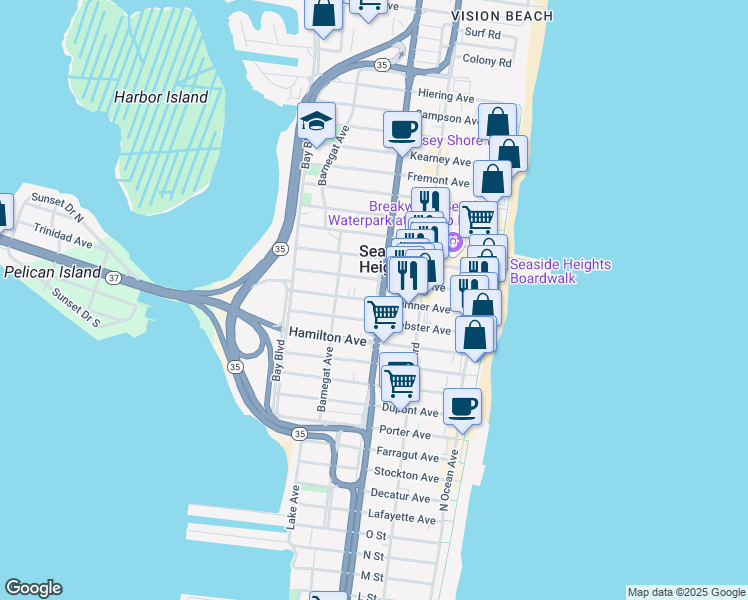 map of restaurants, bars, coffee shops, grocery stores, and more near 211 Blaine Avenue in Seaside Heights