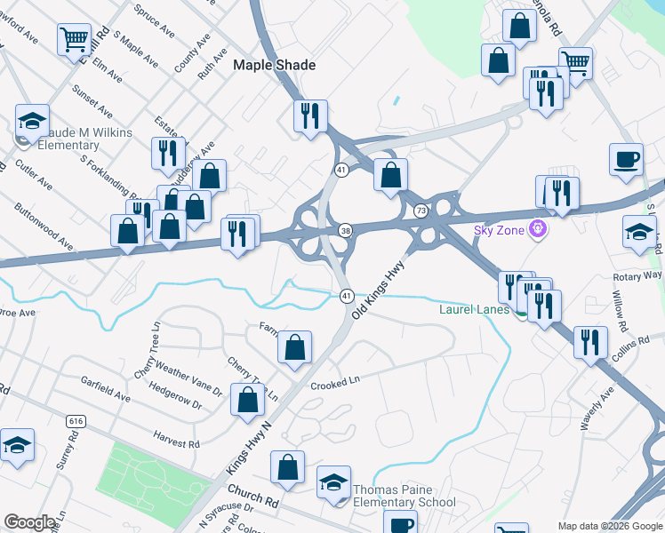 map of restaurants, bars, coffee shops, grocery stores, and more near Kings Highway in Maple Shade Township