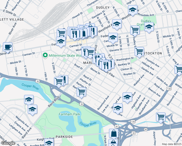 map of restaurants, bars, coffee shops, grocery stores, and more near 2418 Baird Boulevard in Camden
