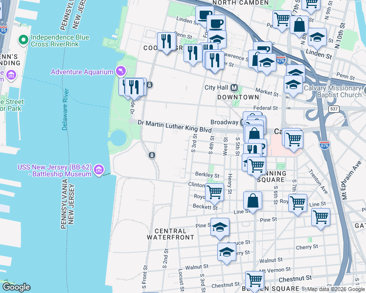 map of restaurants, bars, coffee shops, grocery stores, and more near 101 Stevens Court in Camden