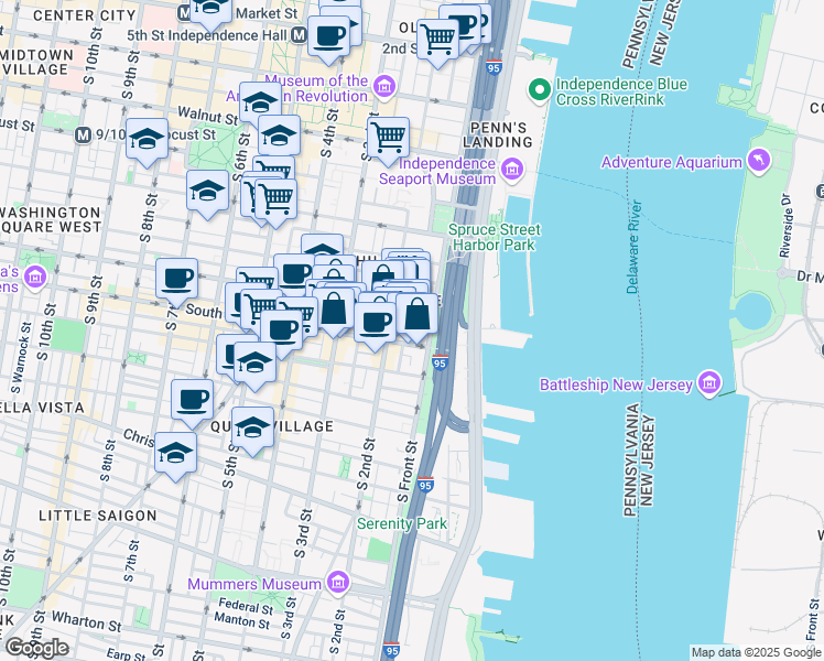 map of restaurants, bars, coffee shops, grocery stores, and more near 105a Lombard Street in Philadelphia