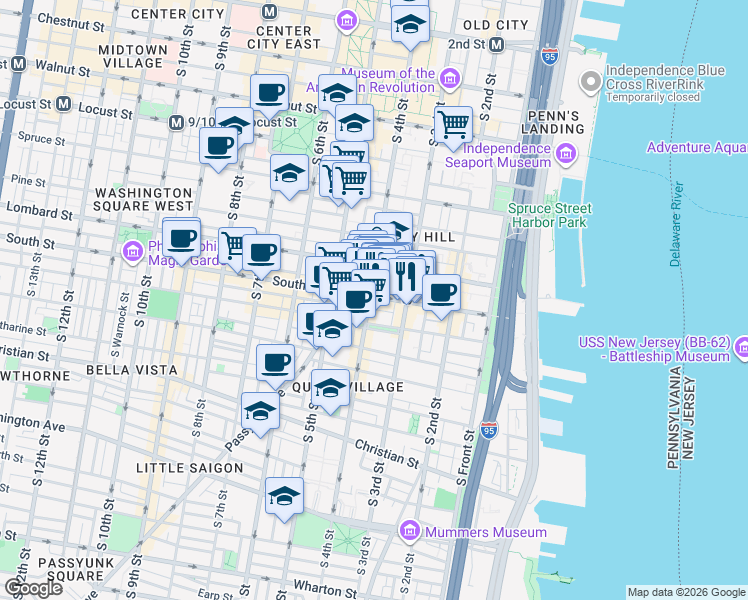 map of restaurants, bars, coffee shops, grocery stores, and more near in Philadelphia
