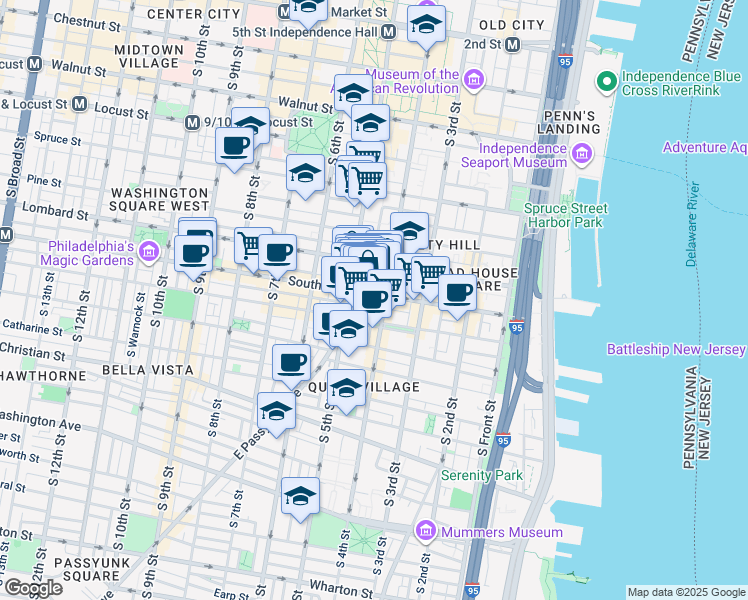 map of restaurants, bars, coffee shops, grocery stores, and more near 432-36 South Street in Philadelphia