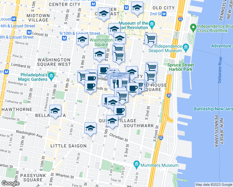 map of restaurants, bars, coffee shops, grocery stores, and more near 423 South Street in Philadelphia