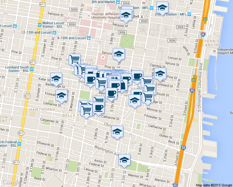 map of restaurants, bars, coffee shops, grocery stores, and more near 607 South 7th Street in Philadelphia